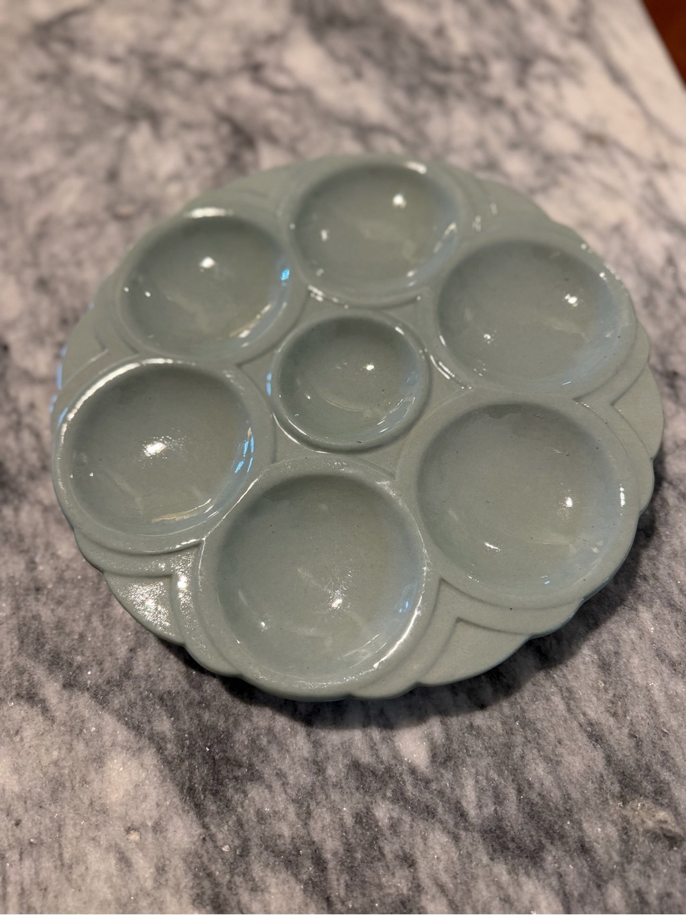 Oyster plate/ Ceramic 7-Well Egg or Appetizer Platter in Pale Blue